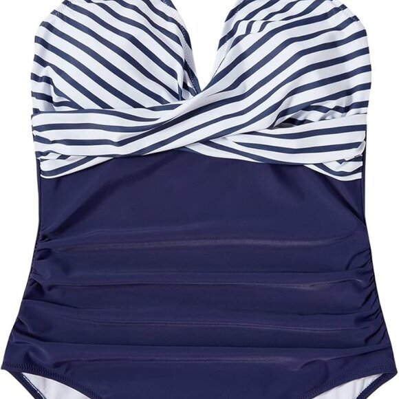 Women Sexy Tummy Control One Piece Swimsuit, White Blue Striped, Size L, Feature - Picture 4 of 6